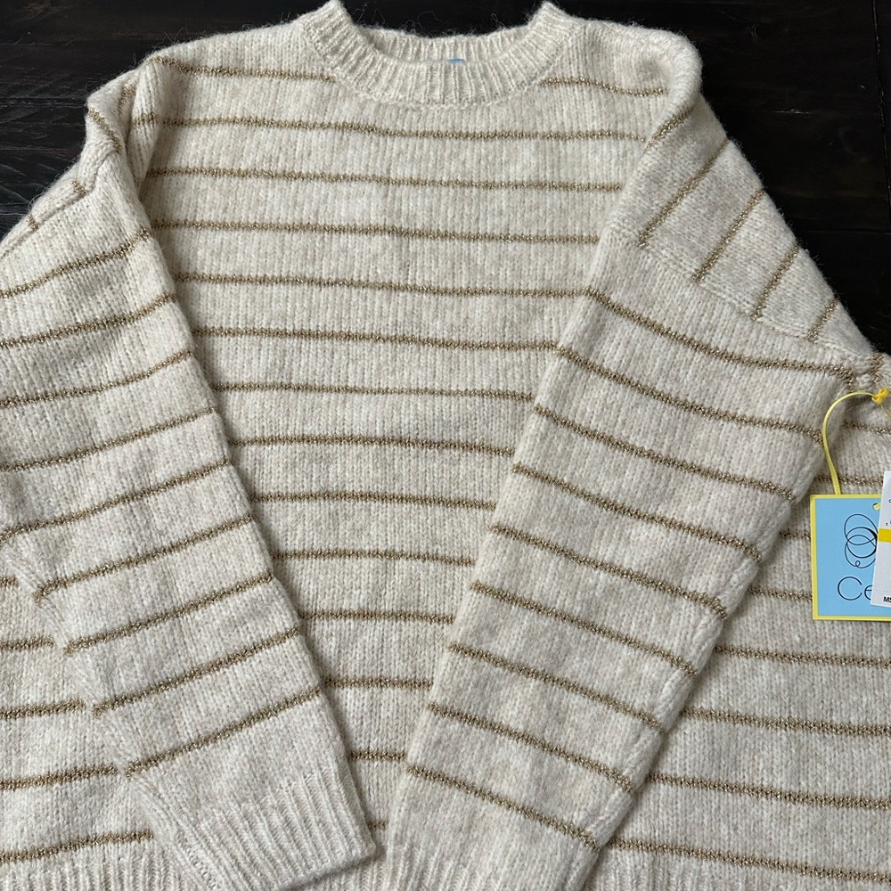 Cream with gold stripe CeCe never worn sweater